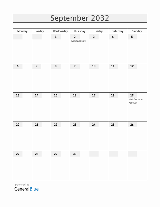 Vietnam September 2032 Calendar with Holidays