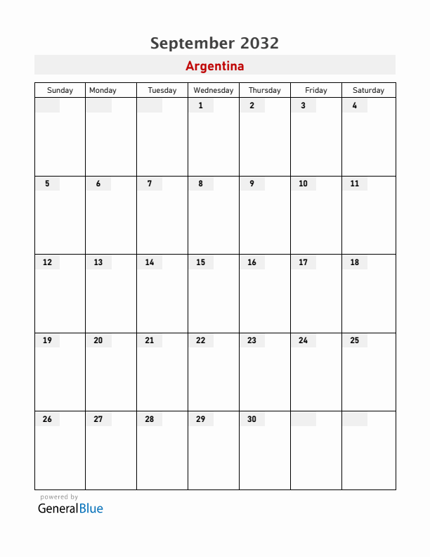 Argentina September 2032 Calendar with Holidays