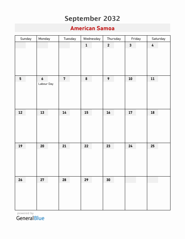 American Samoa September 2032 Calendar with Holidays