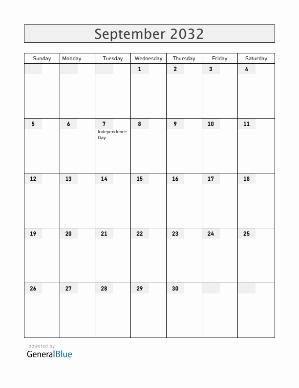 Brazil September 2032 Calendar with Holidays