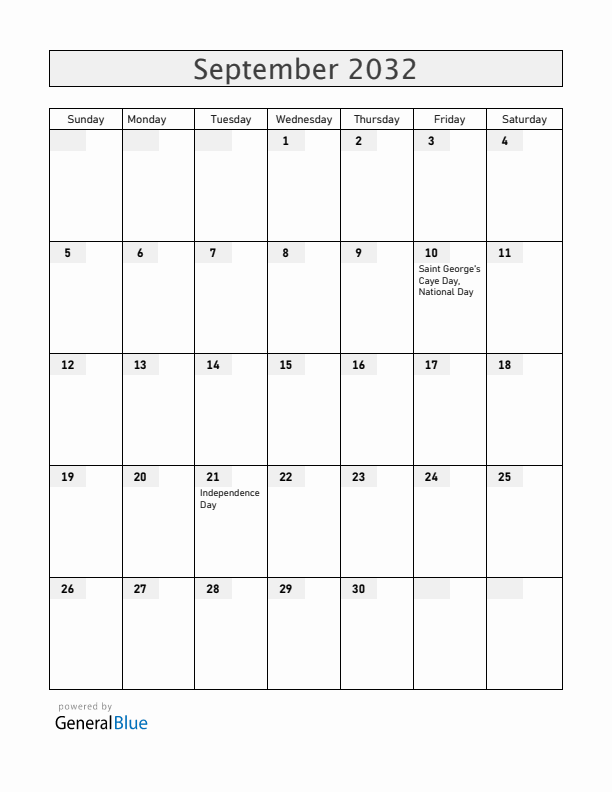 Belize September 2032 Calendar with Holidays