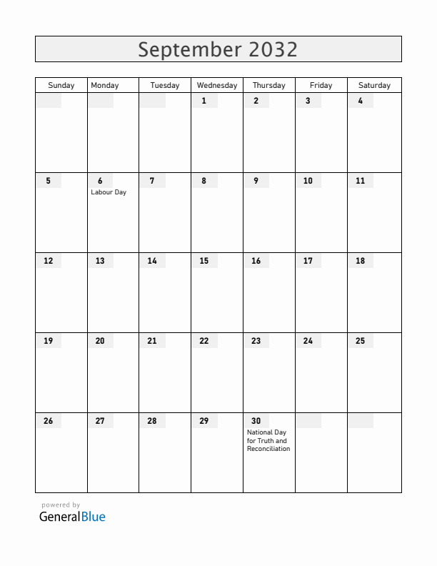 Canada September 2032 Calendar with Holidays