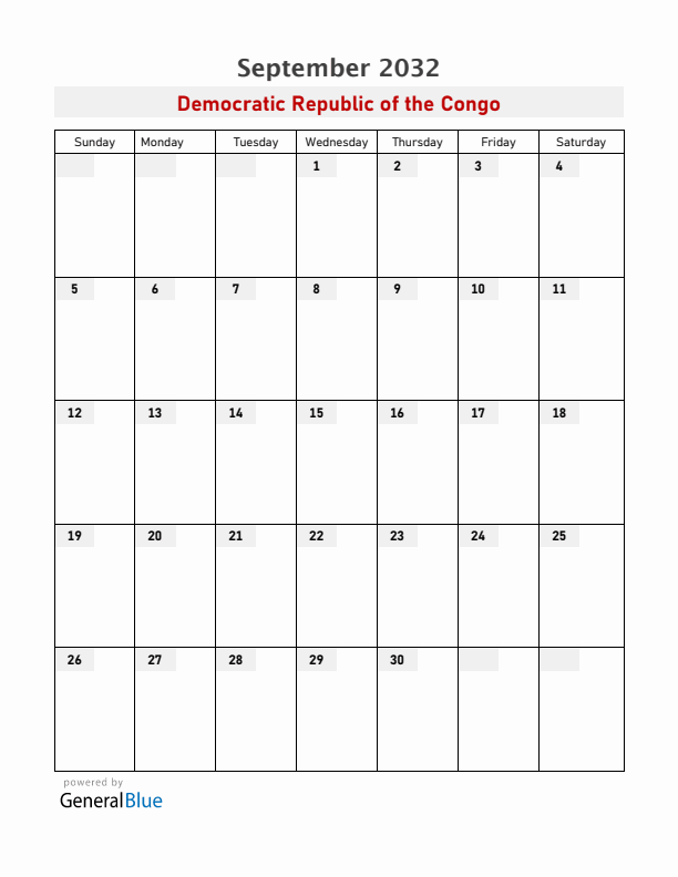 Democratic Republic of the Congo September 2032 Calendar with Holidays