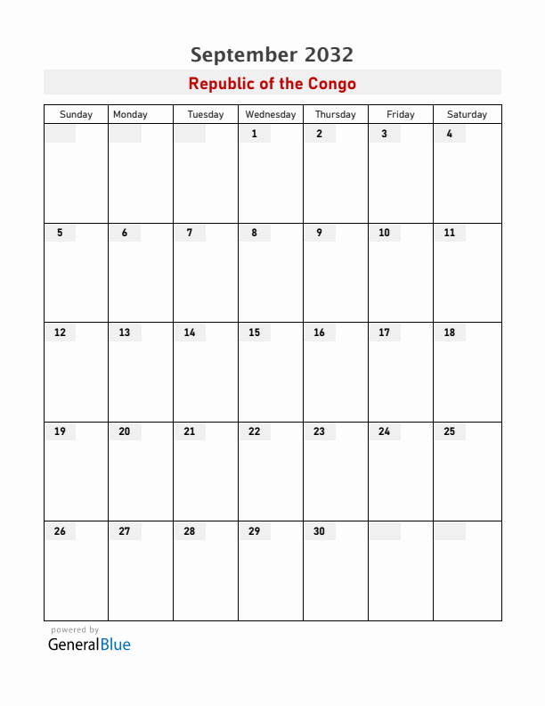 Republic of the Congo September 2032 Calendar with Holidays