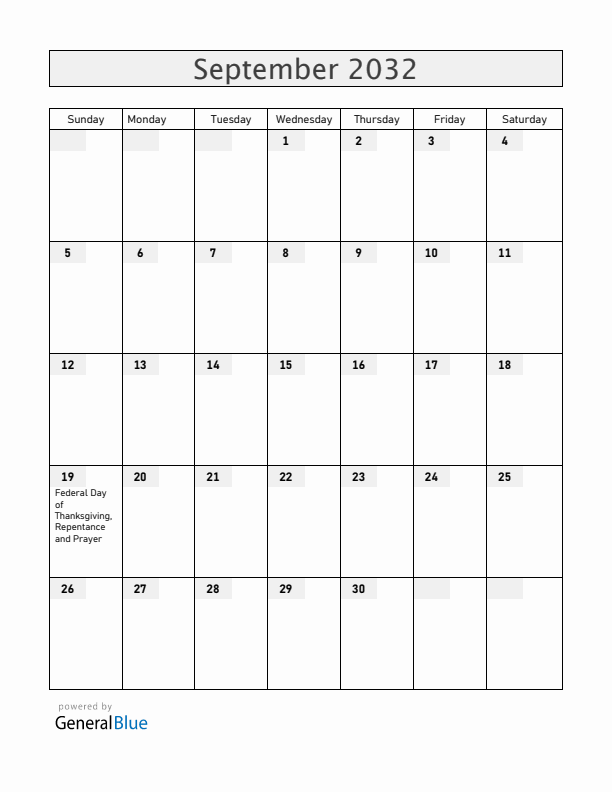 Switzerland September 2032 Calendar with Holidays