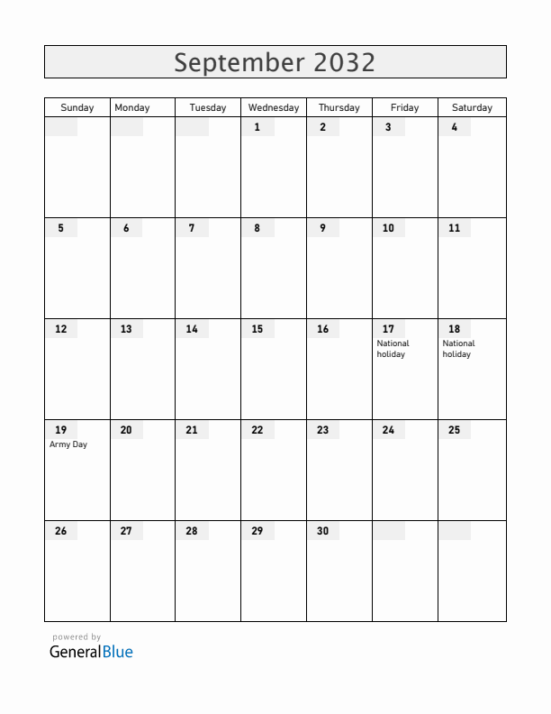 Chile September 2032 Calendar with Holidays