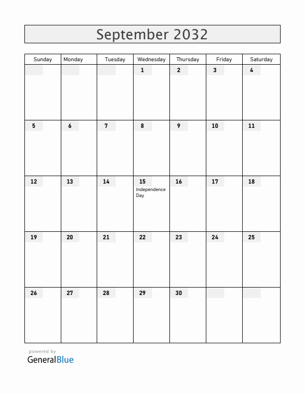Costa Rica September 2032 Calendar with Holidays