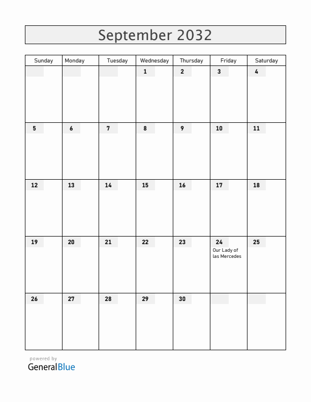Dominican Republic September 2032 Calendar with Holidays
