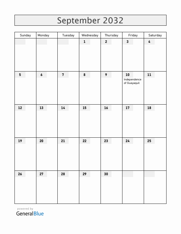Ecuador September 2032 Calendar with Holidays