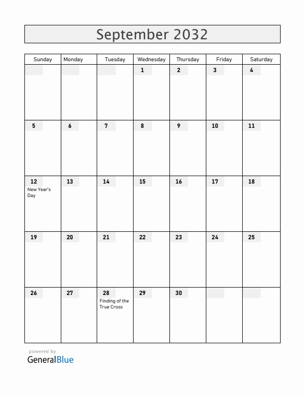 Ethiopia September 2032 Calendar with Holidays