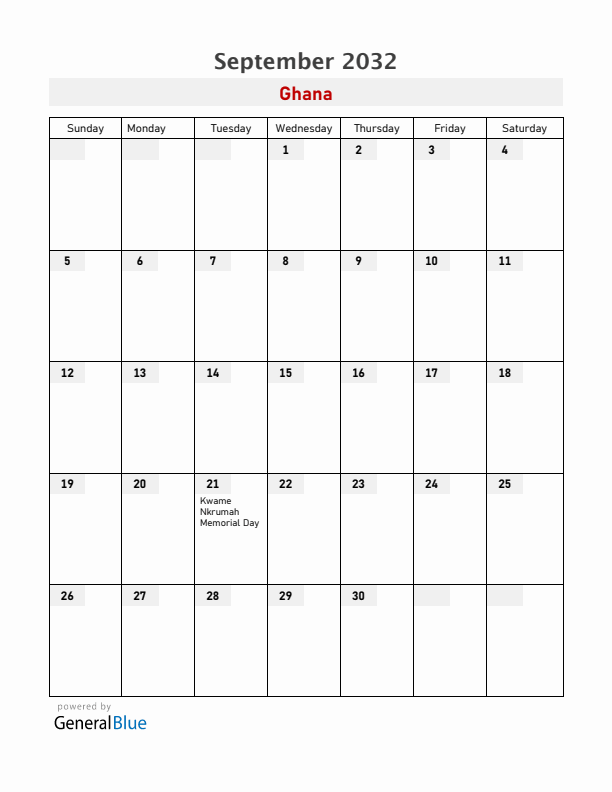 Ghana September 2032 Calendar with Holidays