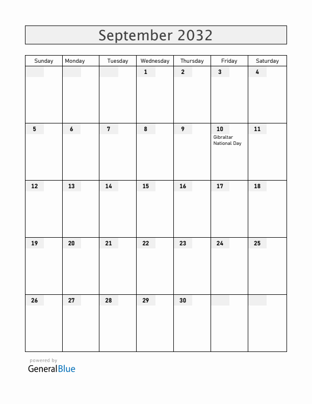 Gibraltar September 2032 Calendar with Holidays