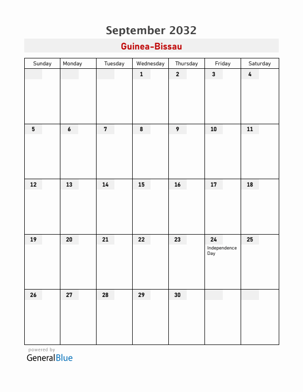 Guinea-Bissau September 2032 Calendar with Holidays