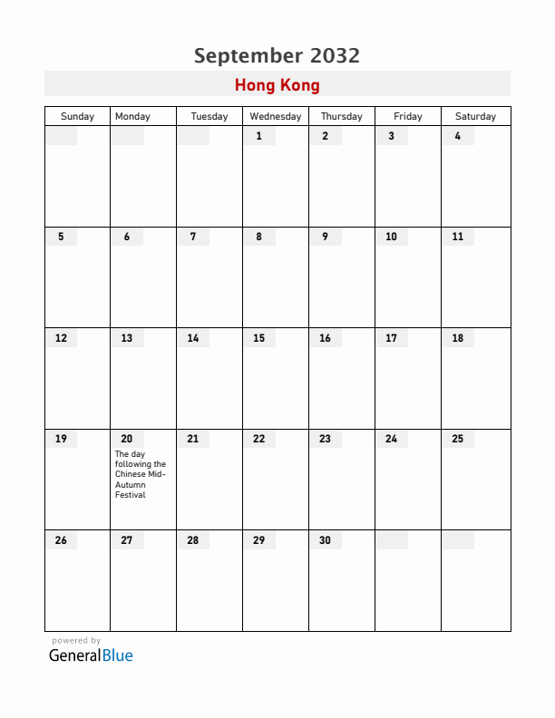 Hong Kong September 2032 Calendar with Holidays