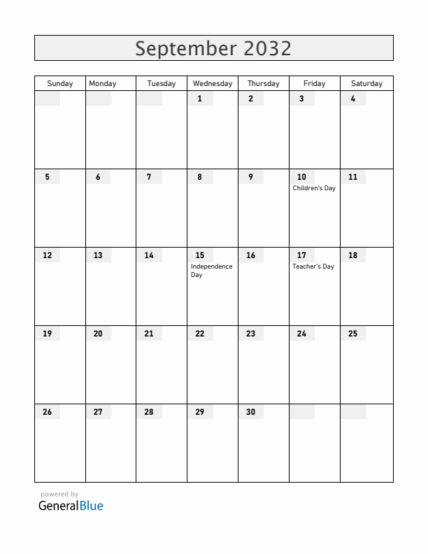 Honduras September 2032 Calendar with Holidays