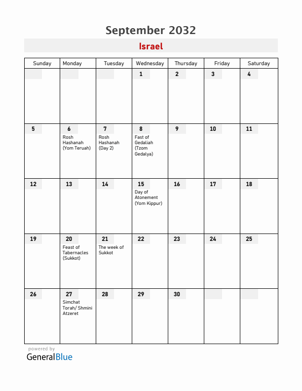 Israel September 2032 Calendar with Holidays
