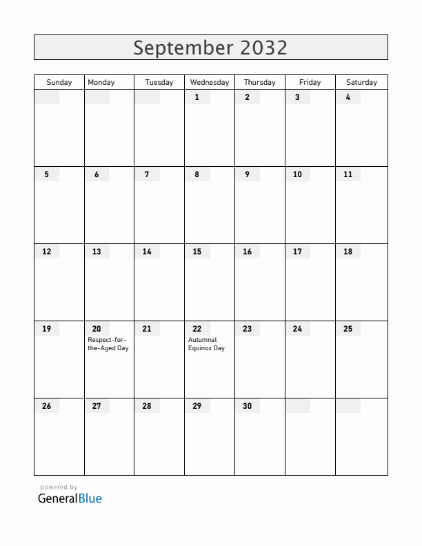 Japan September 2032 Calendar with Holidays