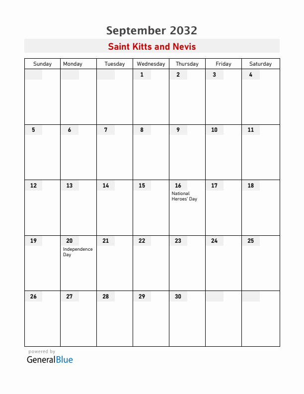 Saint Kitts and Nevis September 2032 Calendar with Holidays