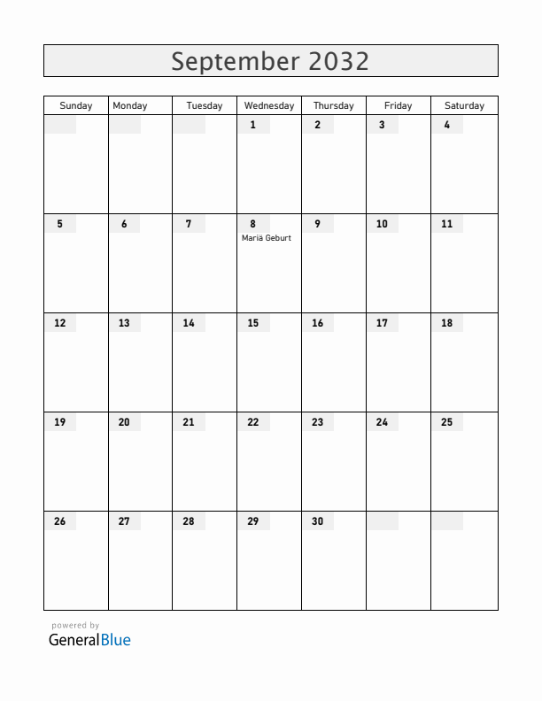 Liechtenstein September 2032 Calendar with Holidays