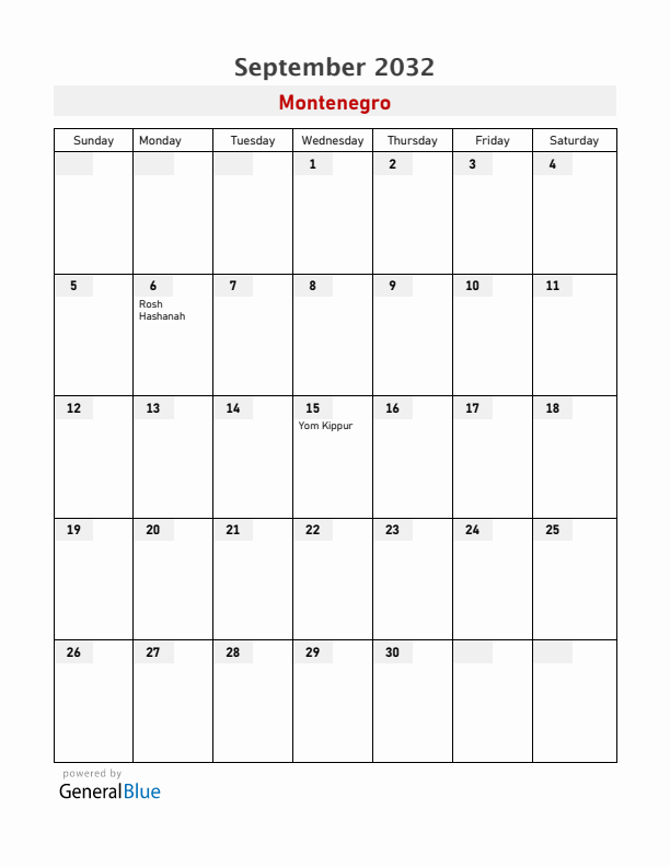 Montenegro September 2032 Calendar with Holidays