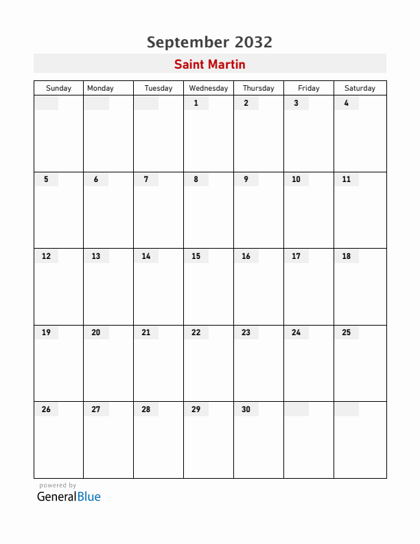 Saint Martin September 2032 Calendar with Holidays