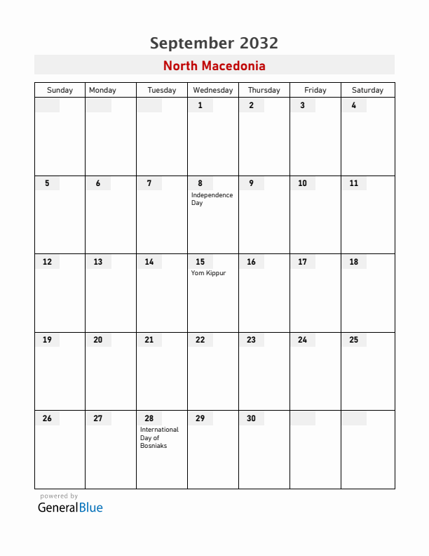 North Macedonia September 2032 Calendar with Holidays