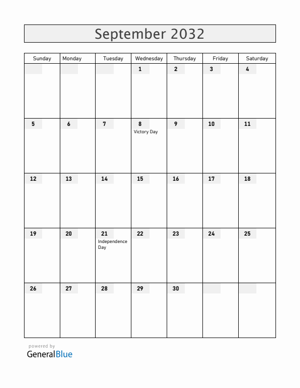 Malta September 2032 Calendar with Holidays