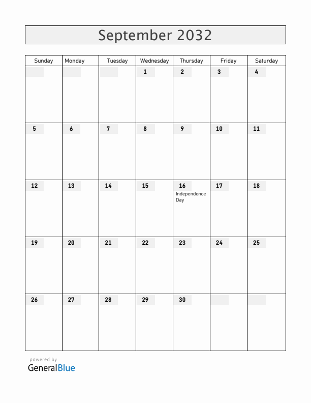 Mexico September 2032 Calendar with Holidays