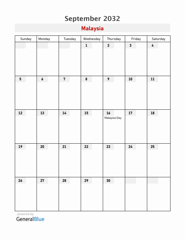 Malaysia September 2032 Calendar with Holidays