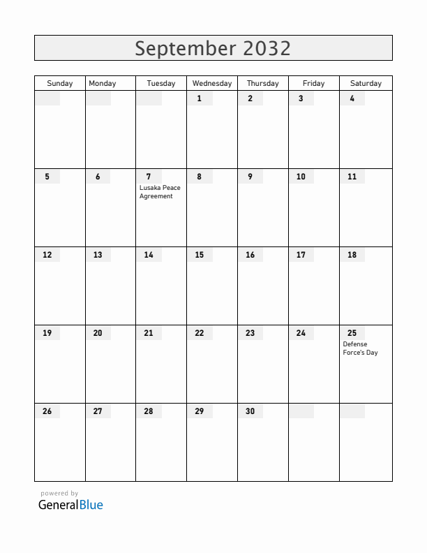 Mozambique September 2032 Calendar with Holidays