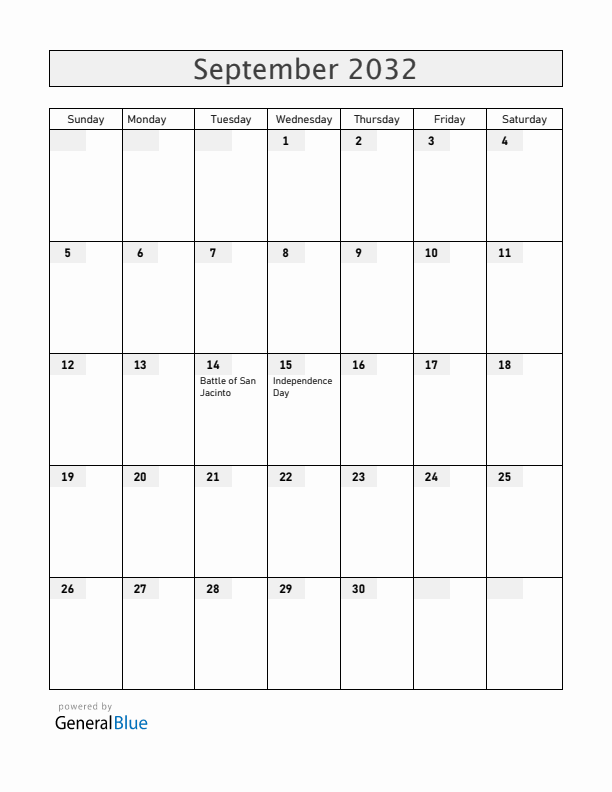 Nicaragua September 2032 Calendar with Holidays