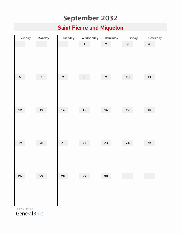 Saint Pierre and Miquelon September 2032 Calendar with Holidays