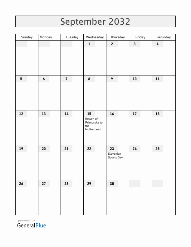 Slovenia September 2032 Calendar with Holidays