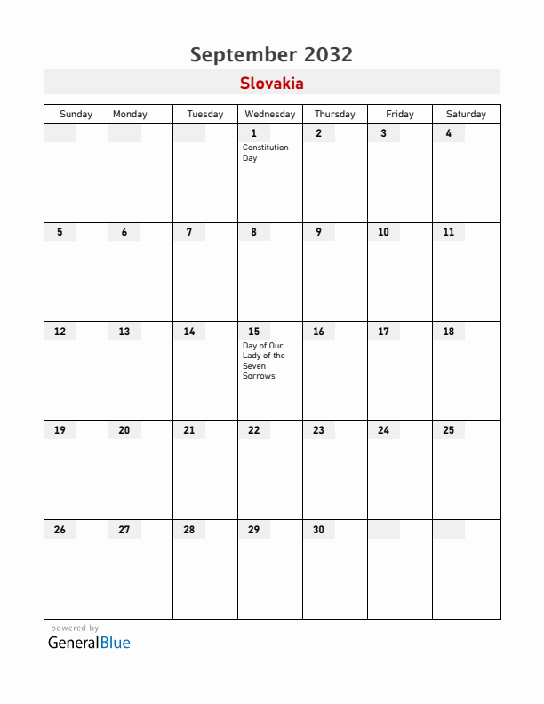 Slovakia September 2032 Calendar with Holidays