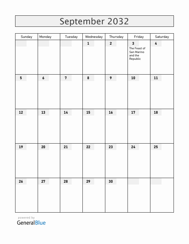 San Marino September 2032 Calendar with Holidays