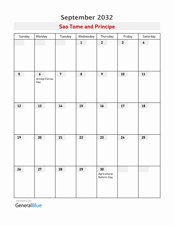 Sao Tome and Principe September 2032 Calendar with Holidays