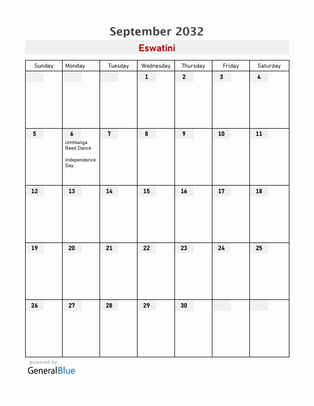 Eswatini September 2032 Calendar with Holidays