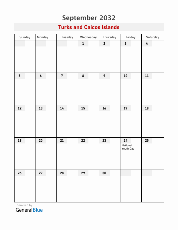 Turks and Caicos Islands September 2032 Calendar with Holidays