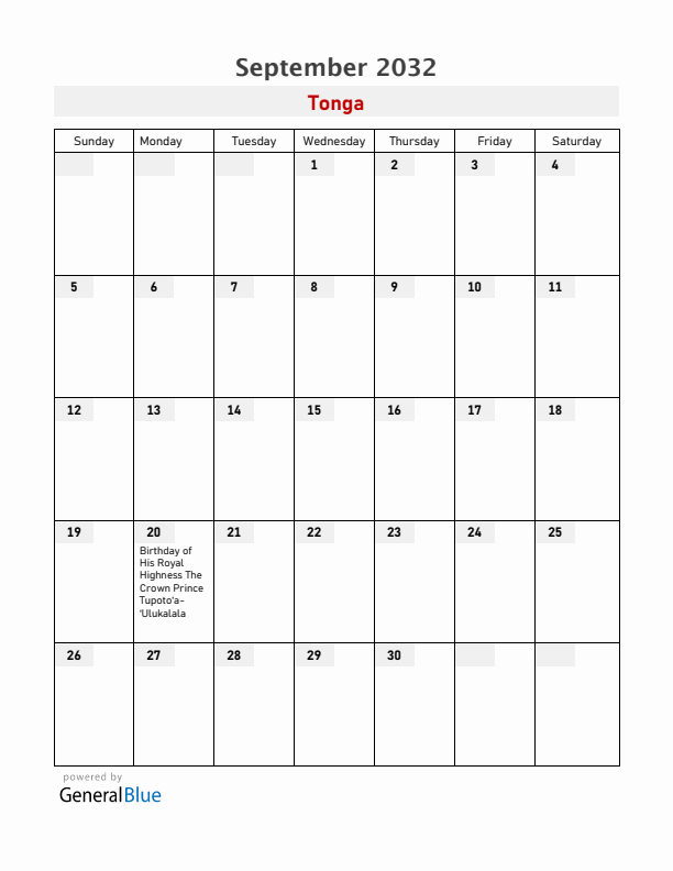 Tonga September 2032 Calendar with Holidays