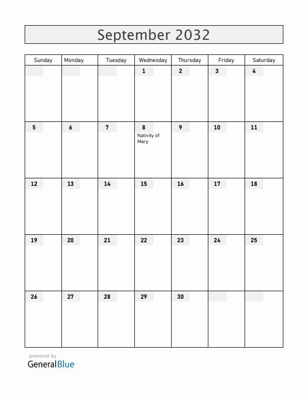 Vatican September 2032 Calendar with Holidays