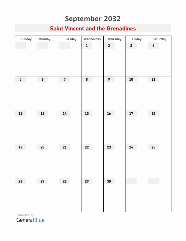 Saint Vincent and the Grenadines September 2032 Calendar with Holidays