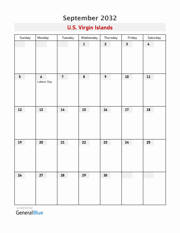 U.S. Virgin Islands September 2032 Calendar with Holidays