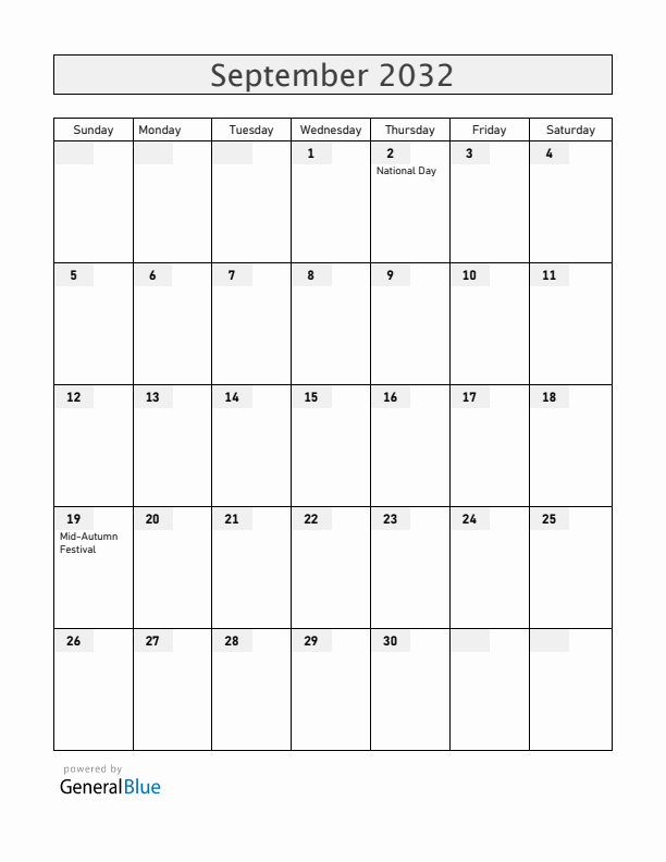 Vietnam September 2032 Calendar with Holidays