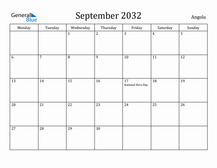 September 2032 Calendar Angola