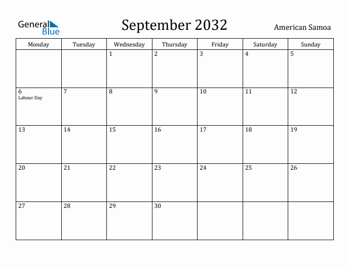 September 2032 Calendar American Samoa