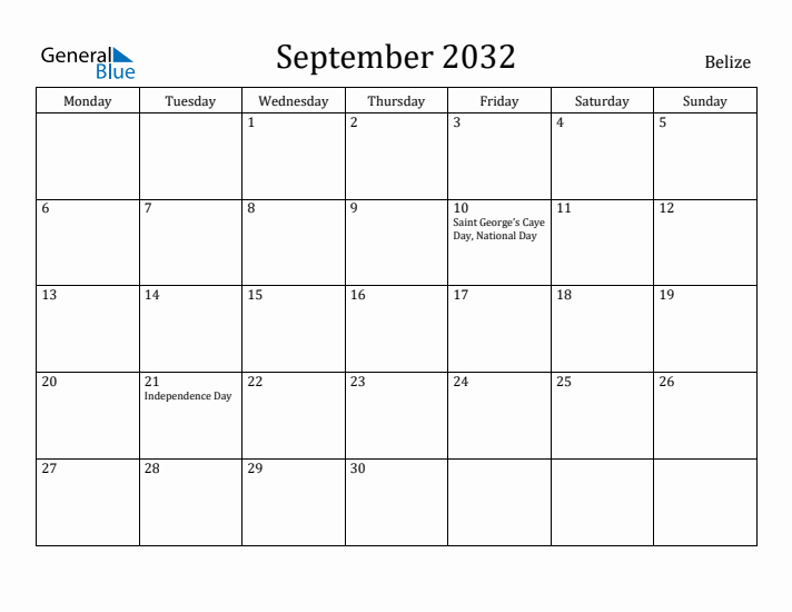 September 2032 Calendar Belize
