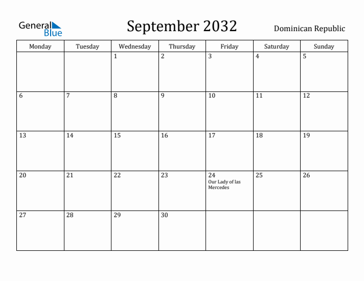 September 2032 Calendar Dominican Republic