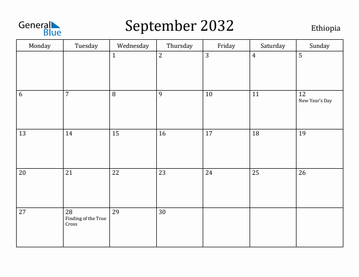 September 2032 Calendar Ethiopia