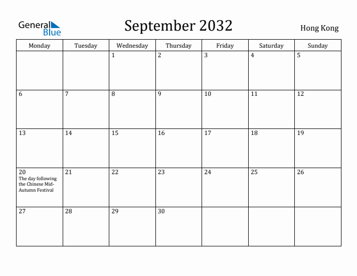 September 2032 Calendar Hong Kong