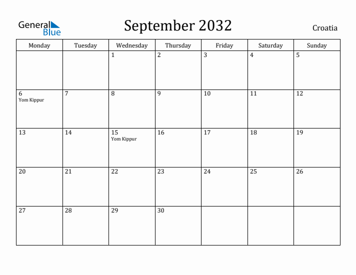 September 2032 Calendar Croatia
